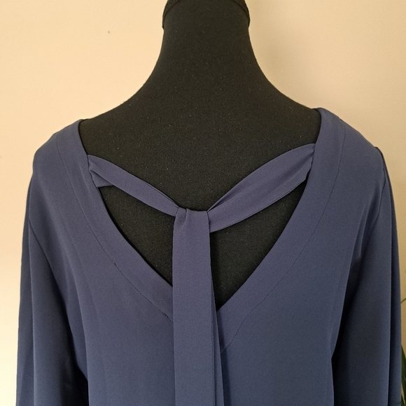 Loft Blouse Tie Back Blue Women's Small V-neck Long Sleeved Gathered Shoulder - Picture 14 of 16